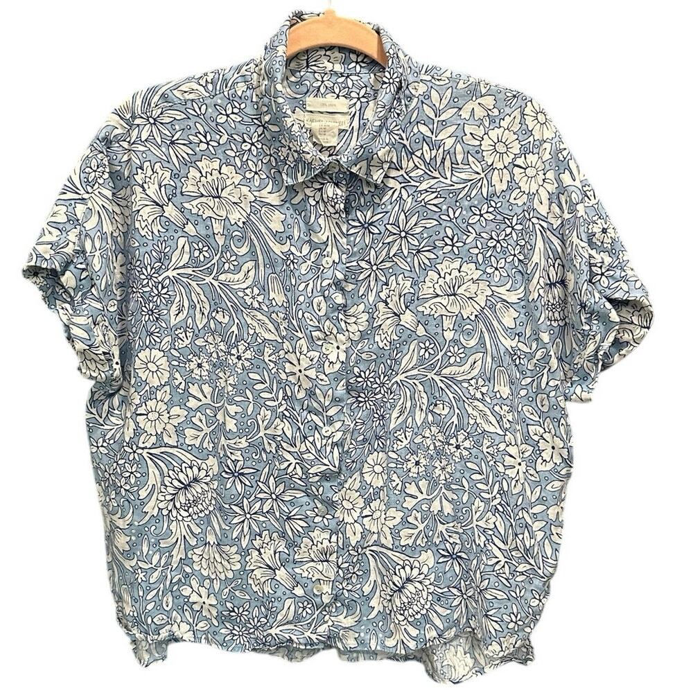 Rachel Ashwell Blue Floral Short Sleeve Button Down Boxy Linen Coastal Shirt - Picture 10 of 10